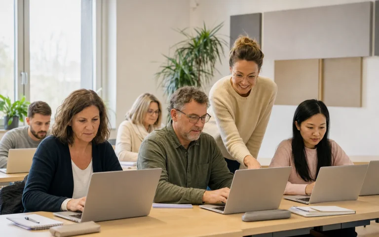 Erwachsene lernen digitale Bürokompetenz an neutralen Arbeitsplätzen