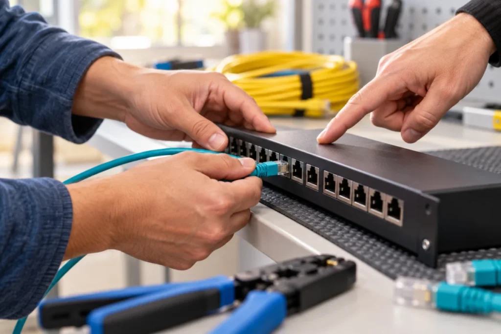KI-generiertes Symbolbild: Praktische Netzwerktechnik: Hände verbinden ein Netzwerkkabel mit einem Patchpanel.