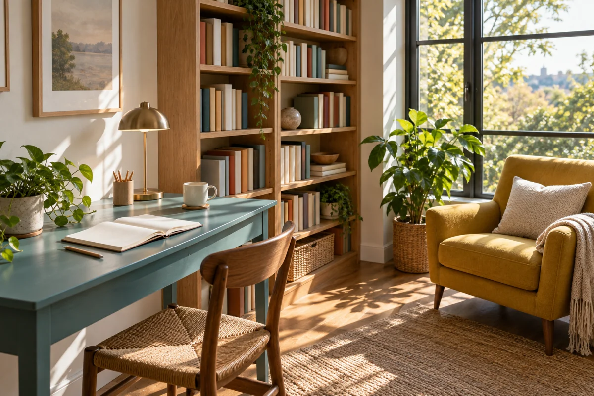 KI-generiertes Symbolbild: Ein heller Lernplatz mit Büchern für selbstständiges Lernen.